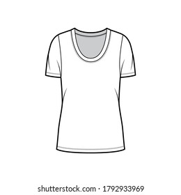 Scoop neck jersey t-shirt technical fashion illustration with short sleeves, oversized body, tunic length. Flat apparel template front, white color. Women, men, unisex outfit top CAD mockup