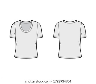 Scoop neck jersey t-shirt technical fashion illustration with short sleeves, oversized body. Flat apparel template front, back, grey color. Women, men unisex outfit top CAD mockup