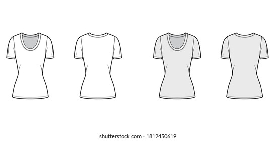 Scoop neck jersey t-shirt technical fashion illustration with short sleeves, close-fitting shape tunic length. Flat apparel template front, back white grey color. Women, men, unisex outfit top mockup