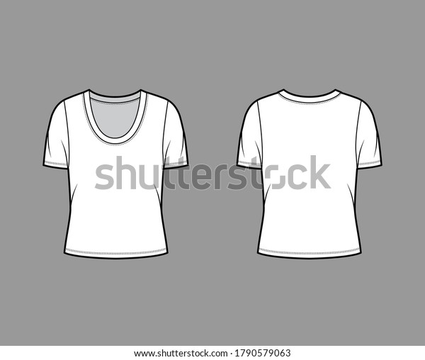 Scoop neck\
jersey t-shirt technical fashion illustration with short sleeves,\
oversized body. Flat apparel template front, back, white color.\
Women, men unisex outfit top CAD\
mockup
