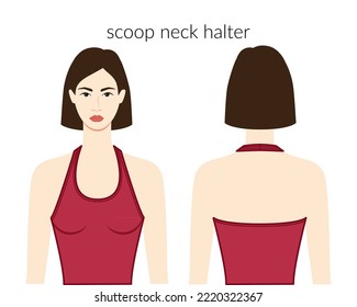 Scoop neck neckline halter clothes character beautiful lady in burgundy top, shirt, dress technical fashion illustration fitted. Flat apparel template front, back sides. Women, men unisex CAD mockup