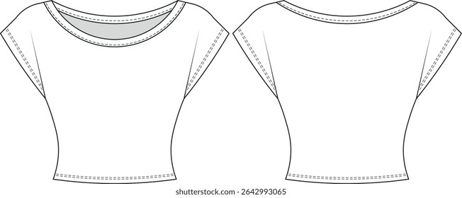 scoop neck round neck cap short sleeve fit cropped crop blouse top tshirt tee template technical drawing flat sketch cad mockup fashion woman design style model 