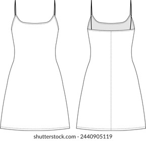 correas de espagueti de cuello redondo correa una línea babydoll plantilla de vestido corto dibujo técnico plano sketch tarjeta de maqueta moda mujer diseño estilo modelo 