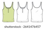 Scoop Neck Tank Top Technical Fashion Illustration. Half Button Top fashion flat technical drawing template, sleeveless, front and back view, white, lime green, women, men, unisex CAD mockup.