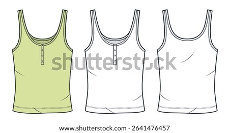 Scoop Neck Tank Top Technical Fashion Illustration. Half Button Top fashion flat technical drawing template, sleeveless, front and back view, white, lime green, women, men, unisex CAD mockup.