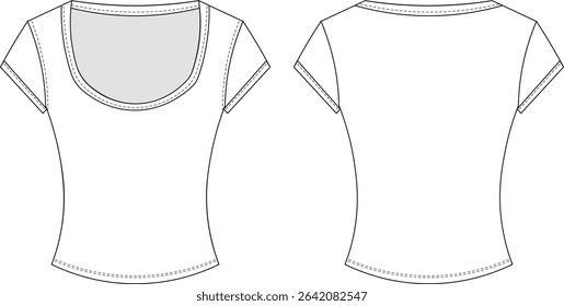 scoop neck u neck short cap sleeve fit bodycon tshirt tee blouse top template technical drawing flat sketch cad mockup fashion woman design style model 