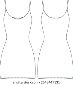 scoop pescoço u pescoço sem mangas strappy tiras de ombro elástico esporte caber curto mini bodycon vestido modelo técnico desenho plano esboço cad mockup moda mulher design estilo modelo 