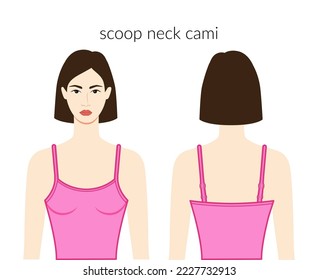 Scoop neckline camisole tank clothes character beautiful lady in pink top, shirt, dress technical fashion illustration with fitted body. Flat apparel template front, back sides. Women, men unisex CAD