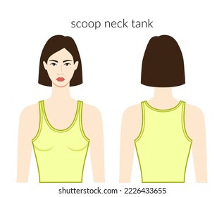 Scoop neckline tank clothes character beautiful lady in yellow top, shirt, dress technical fashion illustration with fitted body. Flat apparel template front, back sides. Women, men unisex CAD mockup