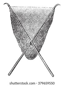 Scoop net or Hand net or dip net, vintage engraved illustration. Magasin Pittoresque 1878.
