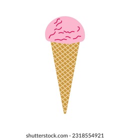 A scoop of pink creamy ice cream in a waffle cone