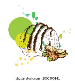 Scoop of pistachio ice cream sketch with pistachios, isolated on white background. creative composition of creamy sundae witn nuts and watercolor spashes. great for label or logo design. vector art.