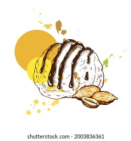 Scoop of pistachio ice cream sketch with pistachios, isolated on white background. creative composition of creamy sundae witn nuts and watercolor spashes. great for label or logo design. vector art.