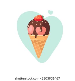 A scoop of popsicles in a waffle cone drenched in chocolate with strawberries, isolated. Vector flat outline icon. Comic character in cartoon style illustration for design.