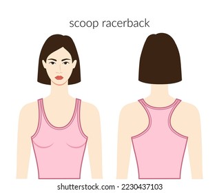 Scoop racerback neckline tank clothes character beautiful lady in pink top, shirt, dress technical fashion illustration fitted. Flat apparel template front, back sides. Women, men unisex CAD mockup