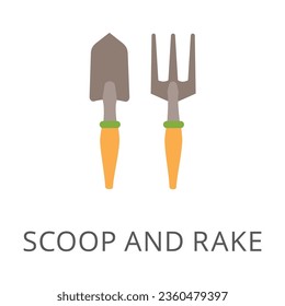 Scoop and rake for garden work flat vector icon. Cartoon drawing or illustration of garden or farm symbol on white background. Gardening, agriculture or farming concept