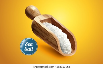 A scoop of sea salt in wooden container, isolated on yellow background in 3d illustration A scoop of sea salt in wooden container, isolated on yellow background in 3d illustration