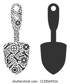 Scoop shovel collage of service tools. Vector scoop shovel icon is designed of gears, spanners and other service items. Concept of mechanic job.