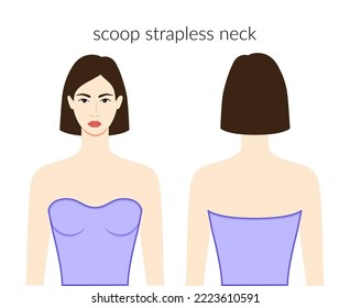 Scoop strapless neckline clothes character beautiful lady in lavanda top, shirt, dress technical fashion illustration fitted body. Flat apparel template front, back sides. Women, men unisex CAD mockup