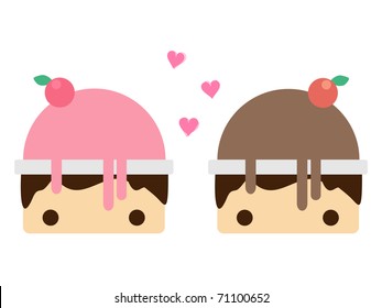 Scoop strawberry ice cream and Scoop chocolate ice cream in bowl. Vector illustration