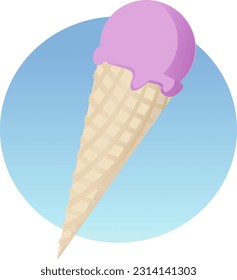 Scoop of strawberry ice cream on its cone with a blue sky in the background in a circle (cut out)