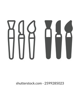 Scoop tool and brushes line and solid icon, pottery making concept. Vector graphics. Set of tools for working with clay sign on white background, outline style icon for mobile or web design