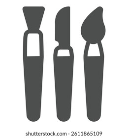 Scoop tool and brushes solid icon, pottery making concept. Vector graphics. Set of tools for working with clay sign on white background, glyph style icon for mobile or web design