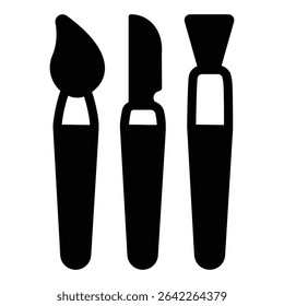 Scoop tool and brushes solid icon, pottery making concept. Vector graphics. Set of tools for working with clay sign on white background, style mobile or design