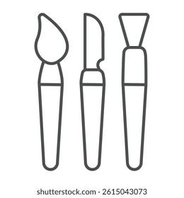 Scoop tool and brushes thin line icon, pottery making concept. Vector graphics. Set of tools for working with clay sign on white background, outline style icon for mobile or web design