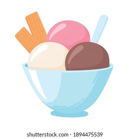 scoops ice cream in bowl, milk dairy product cartoon icon vector illustration