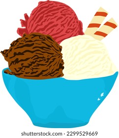 scoops ice cream in bowl, milk dairy product cartoon icon vector illustration