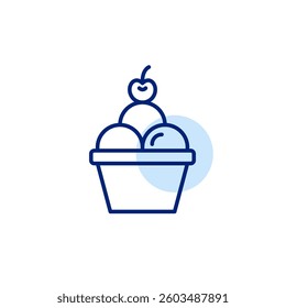 Scoops of ice cream and cherry on top. Frozen desserts, sweet food. Pixel perfect, editable stroke vector icon