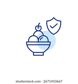 Scoops of ice cream, cherry and shield with checkmark. Gelato, certified quality, approved food. Pixel perfect, editable stroke vector icon