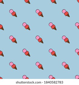 Scoops of ice cream in a cone ,seamless pattern on light blue background.