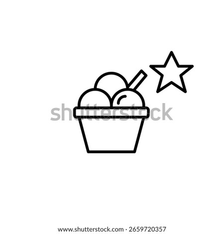 Scoops of ice cream in a takeaway cup and star. Favorite flavors, premium sweets. Pixel perfect, editable stroke vector icon