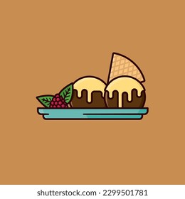 Scoops of ice cream with vanilla topping and raspberry on plate vector illustration for Chocolate Ice Cream Day on June 7