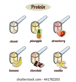 Scoops with protein powder of different taste. Vector illustration.