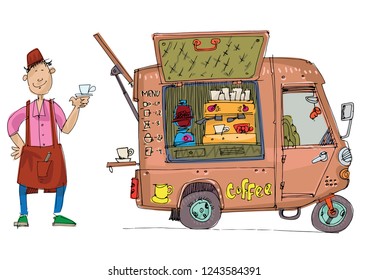 Scooter based coffee point. Mobile city cafe. Motorised coffee shop.
