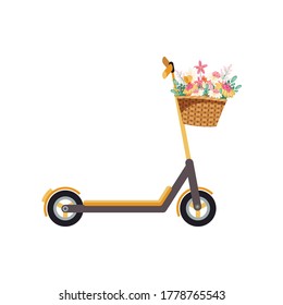 Scooter with basket isolated white background. Flat illustrations