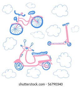 Scooter, bicycle and push-bicycle in the clouds in cartoon style