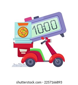 Scooter with big clock vector illustration. Express pizza delivery element isolated on white background. Food delivery concept
