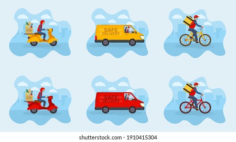 Scooter, bike, car with food delivery. Fast express delivery concept for online order. Flat isometric vector illustration.