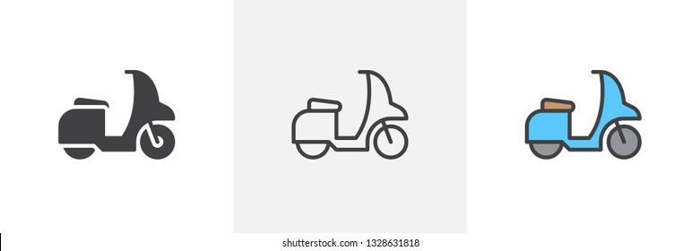 Scooter bike icon. Line, moped glyph and filled outline colorful version, Motorcycle, motorbike outline and filled vector sign. Symbol, logo illustration. Different style icons set. Pixel perfect 