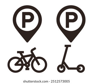 Scooter and bike parking map pin. E-scooter and bicycle parking location pin. GPS location symbol for apps and websites isolated on white background
