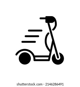 Scooter black glyph icon. Motorized and electric vehicle. Mobile transport. E scooter. Dynamic movement. Silhouette symbol on white space. Solid pictogram. Vector isolated illustration