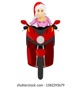 Scooter with blond girl rider in red Santa hat front view isolated vector illustration
