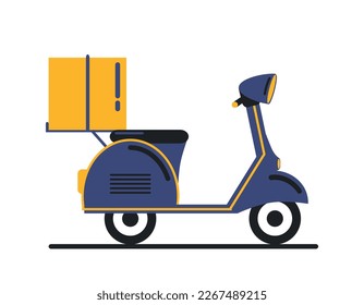 Scooter con caja. Entrega rápida de bienes y comida a tu hogar. Compras en línea en cafés y restaurantes. Logística y transporte de carga y paquetes. Dibujo vectorial plano de dibujos animados