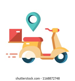 Scooter with box and pinpoint vector illustration in flat color design