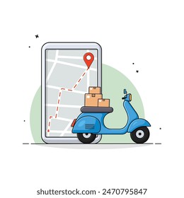 Scooter with Boxes and Phone Tracking Delivery Vector Illustration. Fast Delivery Concept Design