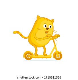 Scooter cat. Eco transport future. Battery powered. Electric e-scooter for rent. Active lifestyle pet situation. Vector illustration. Ginger cat.